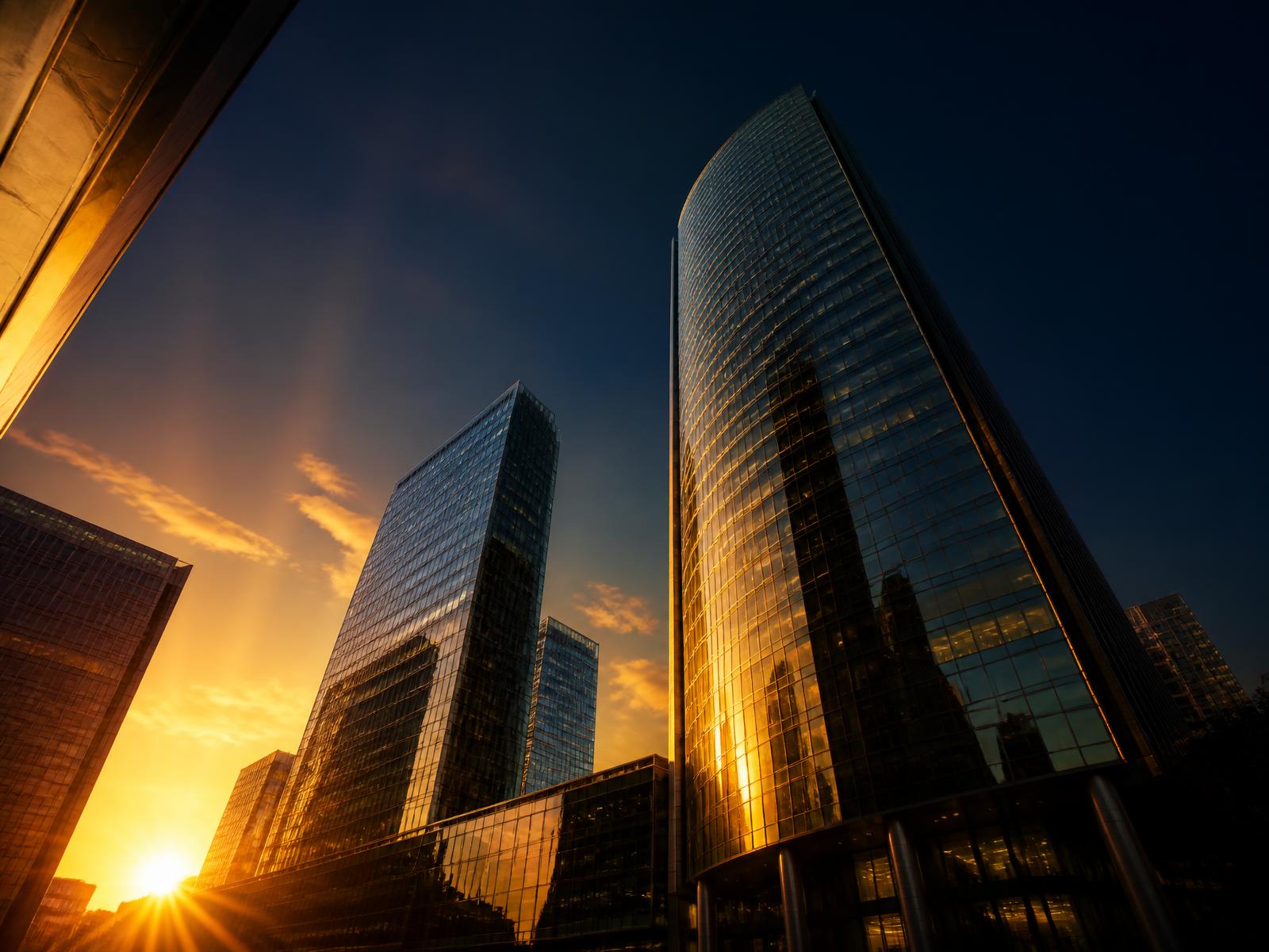 Glass office towers at golden hour